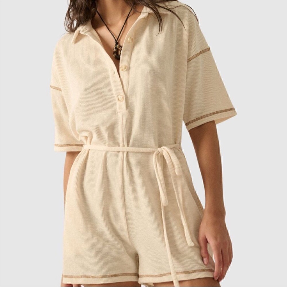 Beige Polo Collar Short Sleeve Romper with Tie Waist